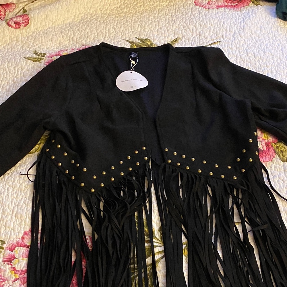SHEIN Black Fringe Blazer with Gold Studs
